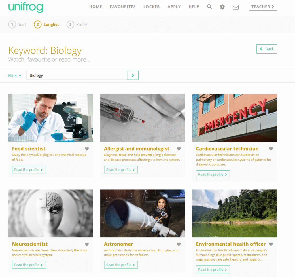 This image displays a "Longlist" page on the Unifrog platform, showing a list of career profiles related to the keyword "Biology". Here's a breakdown of the elements in the picture: Top Header: Unifrog logo: In the top left corner. Navigation links: "HOME", "FAVOURITES", "LOCKER", "APPLY", "HELP". Icons: A search icon, an envelope/message icon, and a gear/settings icon. "TEACHER" button: On the far right, suggesting a different user view or login option. Progress Bar/Navigation Steps: A series of numbered circles indicates progress: "1 Start", "2 Longlist", "3 Profile". "Longlist" (number 2) is highlighted, indicating the current step. Main Content Area: Page Title: "Keyword: Biology" with a subtitle "Watch, favourite or read more...". "Back" button: On the right, to return to the previous page. Filter/Search Bar: A "Filter" dropdown. An input field pre-filled with "Biology". A green "Go" button with an arrow. Career Profile Cards: The main part of the screen is filled with individual career profile cards, each featuring: An image related to the profession. The Job Title (e.g., "Food scientist", "Allergist and immunologist"). A brief description of the role. A heart icon (indicating a favourite/like option). A "Read the profile" button with an arrow, presumably to navigate to a detailed page for that career. Examples of careers shown: Food scientist: A person in a lab, working with scientific equipment. Allergist and immunologist: A syringe with a red liquid, symbolizing medical work. Cardiovascular technician: An "EMERGENCY" sign on a building, representing healthcare. Neuroscientist: An abstract image of a brain or mind. Astronomer: A person looking through a telescope. Environmental health officer: A lush green forest scene with a lake, indicating an outdoor or environmental focus. In essence, this page is the result of a career search on Unifrog, displaying a longlist of potential career paths based on a user's input (in this case, "Biology").